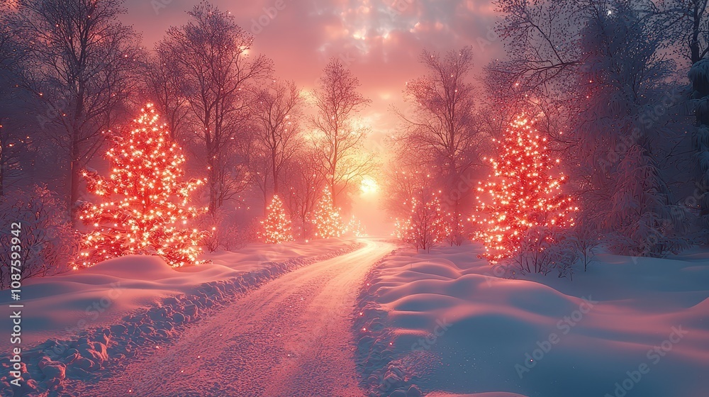 Naklejka premium Christmas Minimal Scene with Snow and Lights, Winter Wonderland Vibes.AI Generation