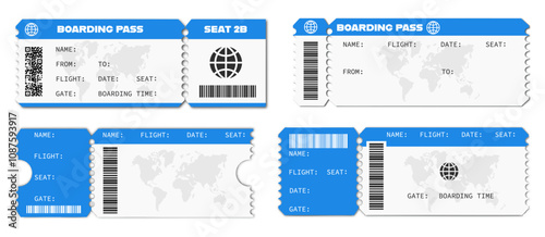 Boarding pass ticket collection with shadow on a white background