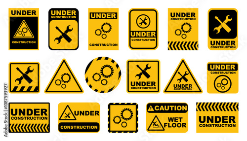 Under construction badge collection. Set of yellow under construction labels