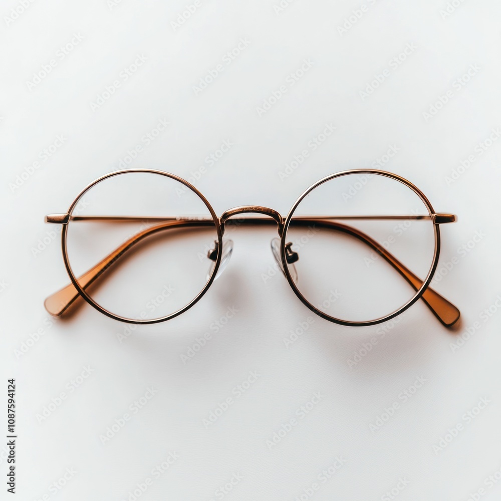 A pair of round, thin-framed glasses placed on a white background. A pair of round, thin-framed glasses placed on a white background.
