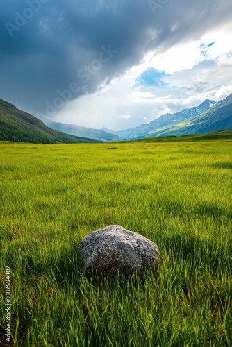 A serene landscape featuring lush green grass under a dramatic sky, showcasing the beauty of nature with distant mountains in the background and a prominent rock in the foreground. photo