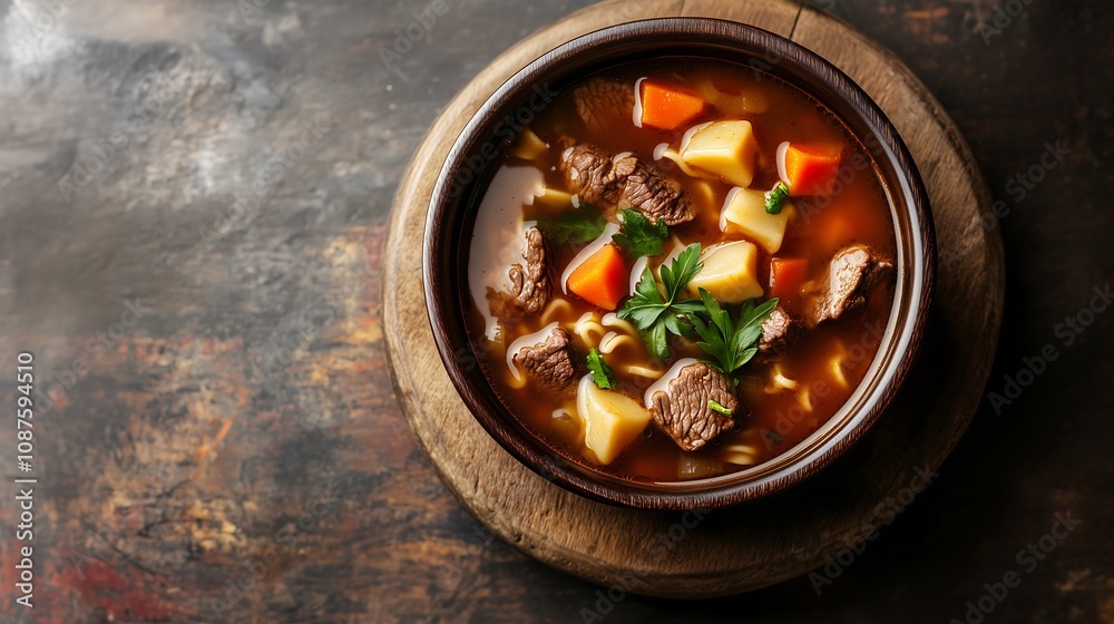 Top down view beef noodle soup ceramic minimalist bowl rustic wooden table background, meat carrot vegetables Top down view beef noodle soup ceramic minimalist bowl rustic wooden table background, meat carrot vegetables