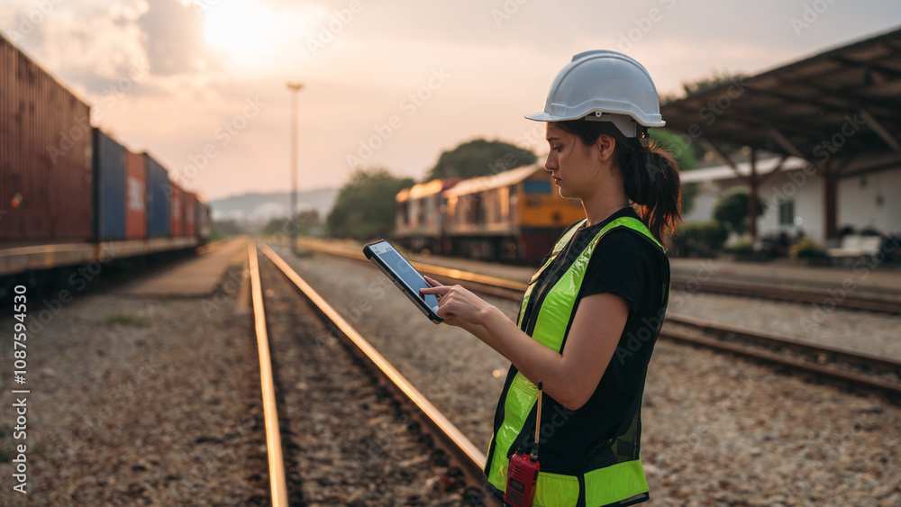 Foreman inspecting inventory or task details on freight train cars and shipping containers, highlighting logistics operations in the import and export industries.