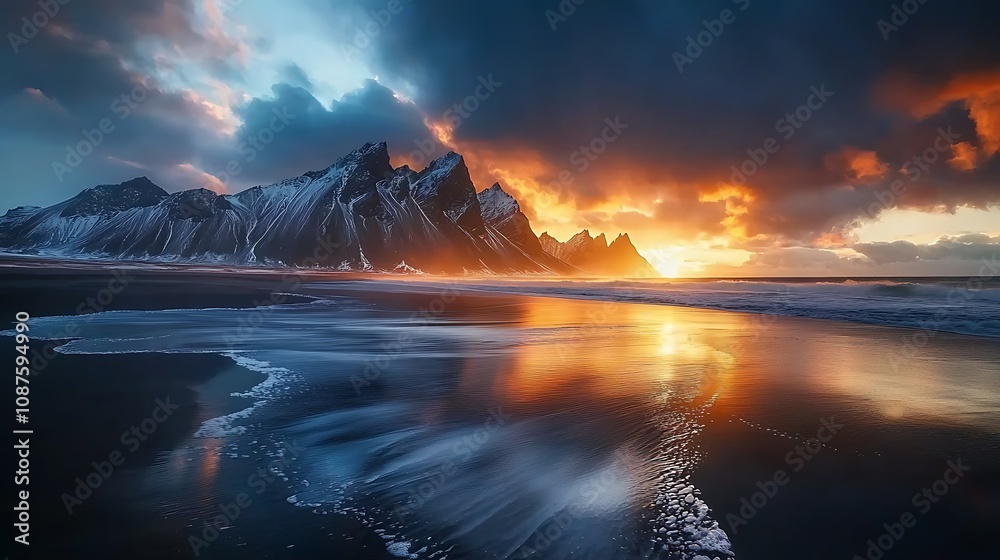 Naklejka premium A dramatic sunset view Vestrahorn Mountain on Stokksnes cape in Iceland, highlighting its stunning natural seascape, a popular tourist destination.