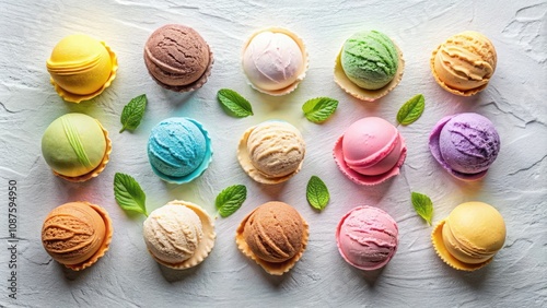 A Colorful Array of Ice Cream Scoops Decorated with Fresh Mint Leaves on a White Background