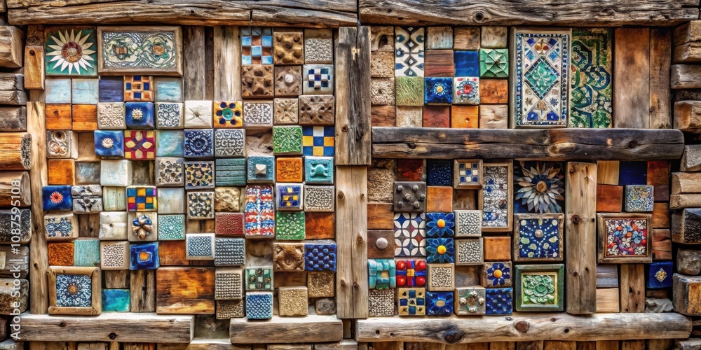 A whimsical and eclectic mosaic artwork constructed from reclaimed wood and salvaged tiles, displaying a vibrant array of colors, patterns, and textures. A whimsical and eclectic mosaic artwork constructed from reclaimed wood and salvaged tiles, displaying a vibrant array of colors, patterns, and textures.