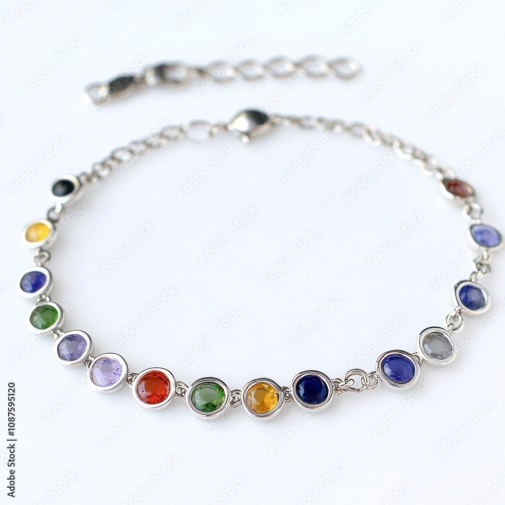Obraz premium A silver bracelet adorned with colorful gemstones, showcasing a vibrant design.