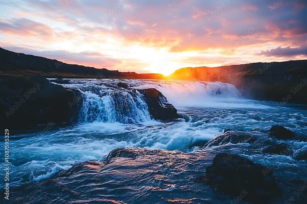 Obraz premium Bruarfoss Waterfall in Iceland, showcasing colorful sunset and blue water. A popular place travel, a lifestyle concept.