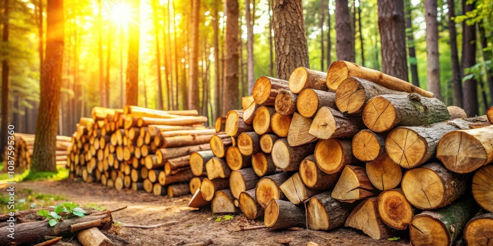 A stack of freshly cut logs in a sun-drenched forest, showcasing the intricate patterns of wood grain and the natural beauty of a harvested woodland. A stack of freshly cut logs in a sun-drenched forest, showcasing the intricate patterns of wood grain and the natural beauty of a harvested woodland.