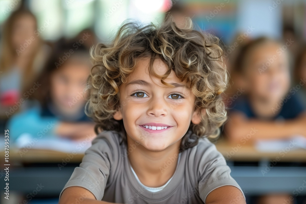 Portrait of a cheerful young boy with curly hair smiling in a classroom setting surrounded by peers Portrait of a cheerful young boy with curly hair smiling in a classroom setting surrounded by peers