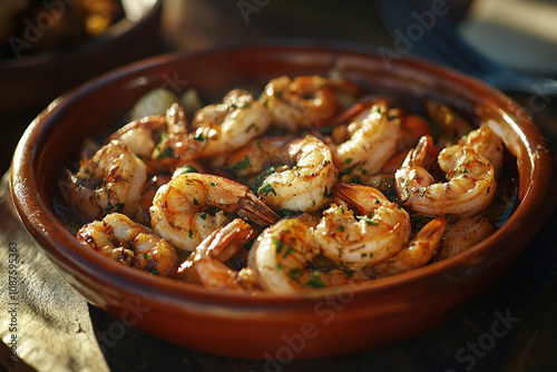 Traditional gambas al ajillo in terracotta dish with garlic.