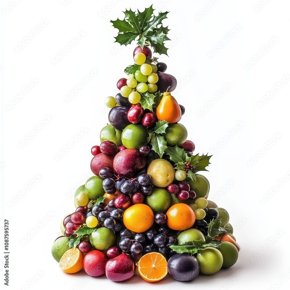Christmas Tree Made of Fruits on White Background, Festive and Colorful Holiday Arrangement,AI Generation Christmas Tree Made of Fruits on White Background, Festive and Colorful Holiday Arrangement,AI Generation