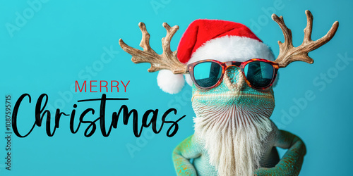 Merry Christmas concept holiday vacation winter animal pet greeting card with text - Cool chameleon reptile with sunglasses and santa claus hat, isolated on blue background