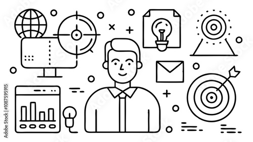 Digital Marketing Line Icon Set: SEO, Management, Target, Ads, Analytics – Editable Stroke