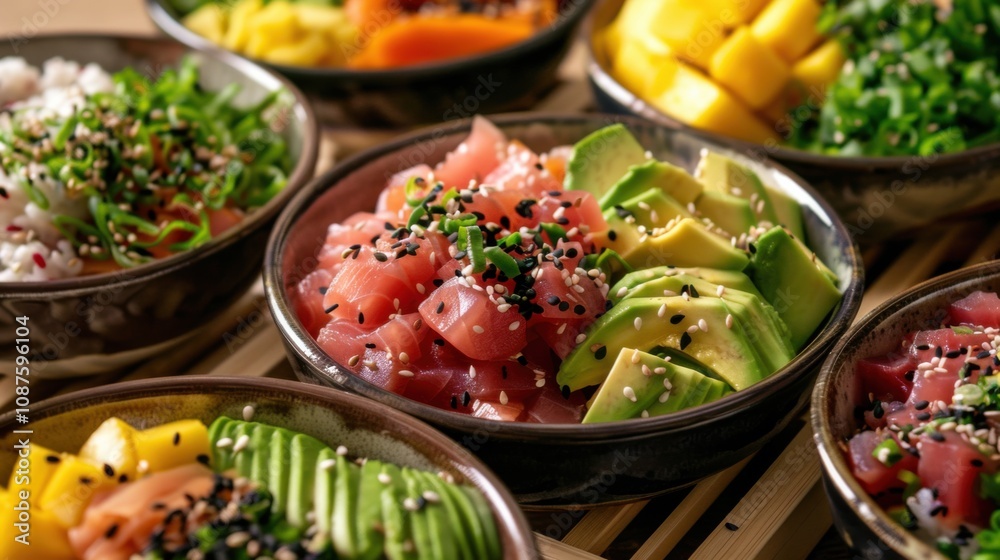 A colorful array of poke bowls filled with marinated tuna, avocado A colorful array of poke bowls filled with marinated tuna, avocado