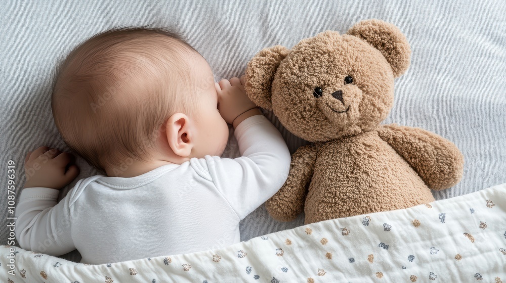 Sweet Sleeping Baby with Soft Teddy Bear in Cozy Blanket, Peaceful Lullaby Scene Captured in Natural Light, Perfect for Nursery or Childcare Themes Sweet Sleeping Baby with Soft Teddy Bear in Cozy Blanket, Peaceful Lullaby Scene Captured in Natural Light, Perfect for Nursery or Childcare Themes