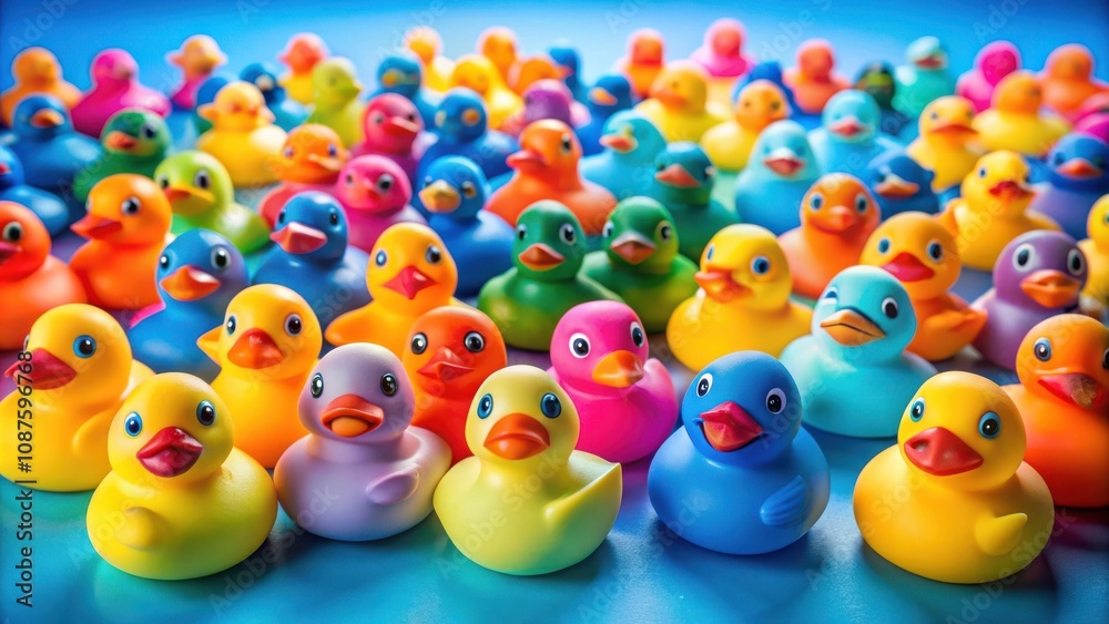 A vibrant display of colorful rubber ducks, each with its own unique expression, captures the whimsical spirit of bath time fun.