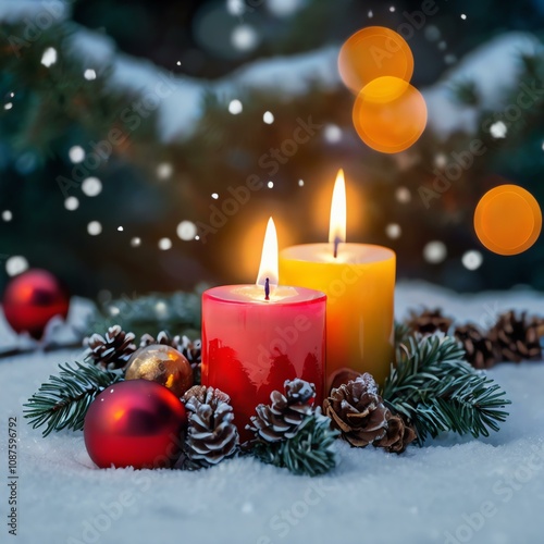 Brightly colored Christmas tree adorned with candles against a snowy backdrop.