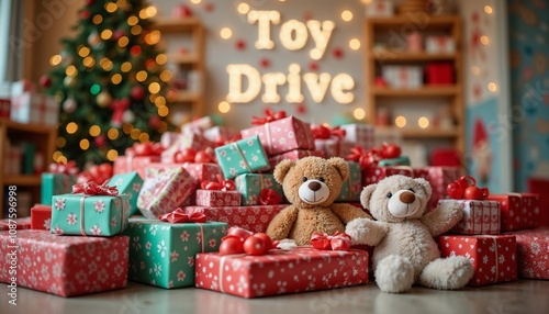 Colorful festive scene with a pile of wrapped and unwrapped toys for the Toy Drive