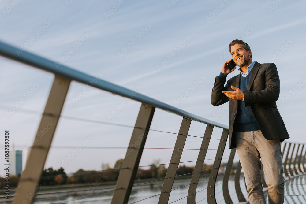 A businessman walking on a modern bridge in the city while talking on his phone during a clear afternoon A businessman walking on a modern bridge in the city while talking on his phone during a clear afternoon