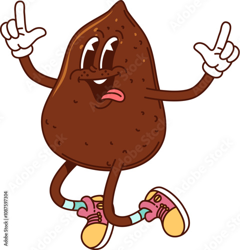 Funny groovy truffle character energetically dancing with cheerful face and tongue out. Isolated vector sweet pastry dessert retro food personage wearing sneakers and rejoices with playful expression