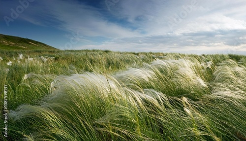 meadow overgrown with feathergrass in the windy day as a background photo