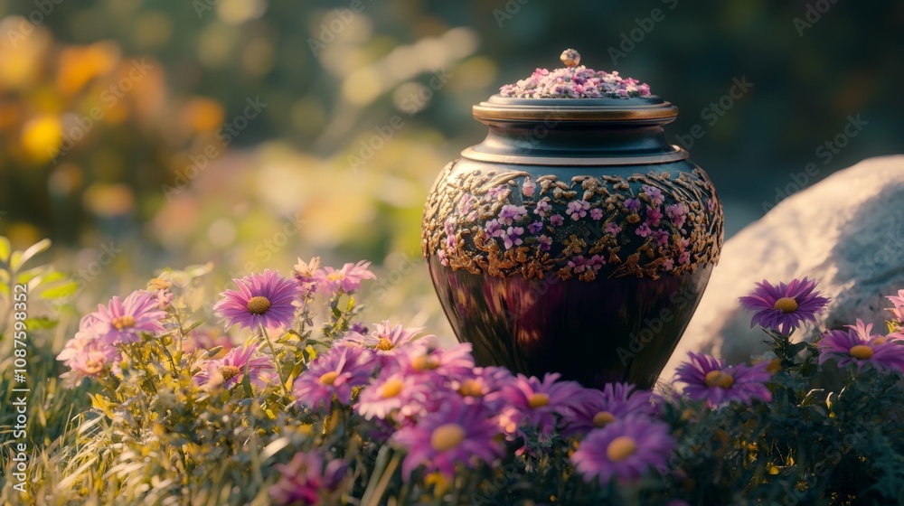 Decorative Funeral Urn with Ashes Surrounded by Flowers in Natural Light Decorative Funeral Urn with Ashes Surrounded by Flowers in Natural Light