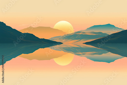 3D golden sun geometric sunset landscape. 3d abstract minimalist background
