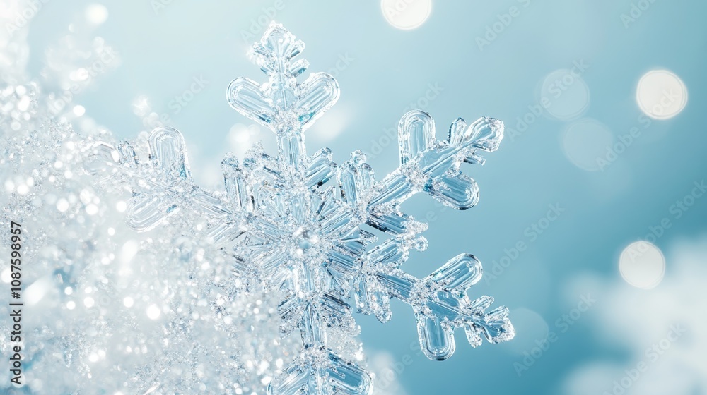Close-Up of Sparkling Snowflake with Icy Background Close-Up of Sparkling Snowflake with Icy Background