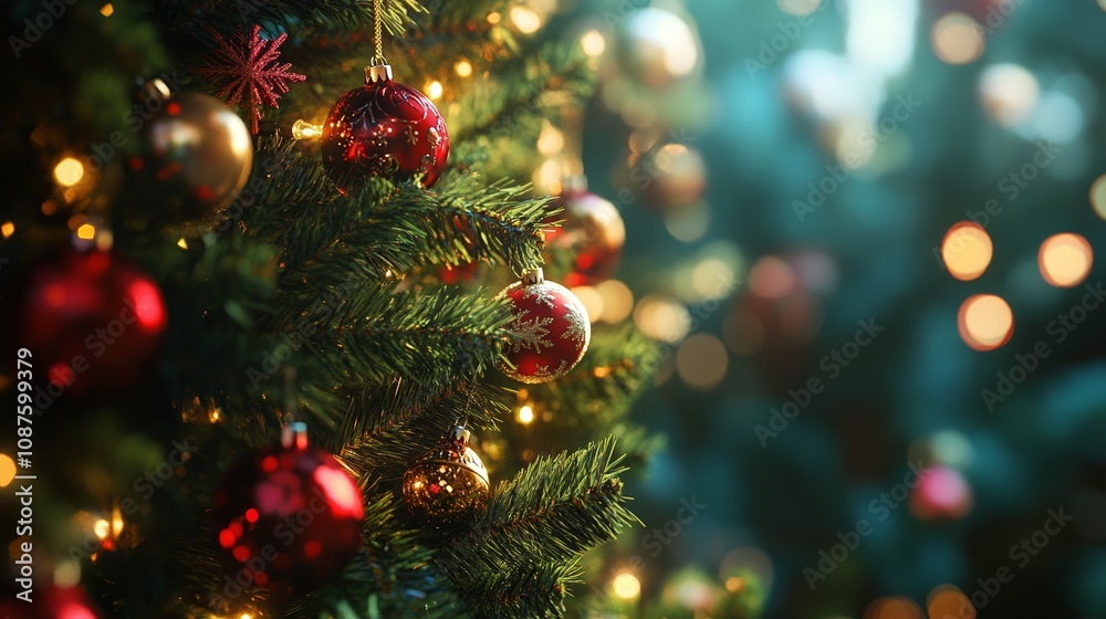 Blue Background with Decorated Christmas Tree and Glowing Lights