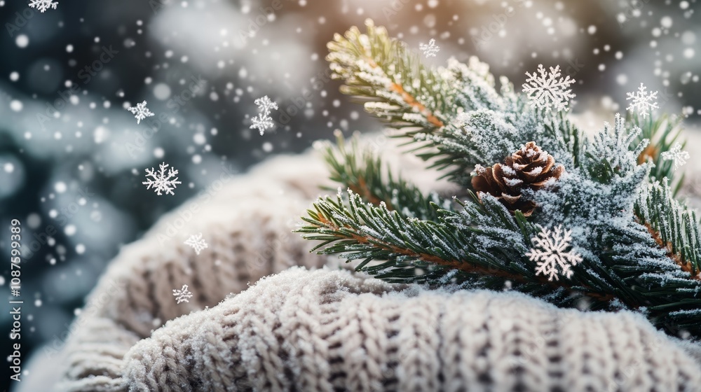 Cozy Winter Setting with Pine Branch and Falling Snow Cozy Winter Setting with Pine Branch and Falling Snow