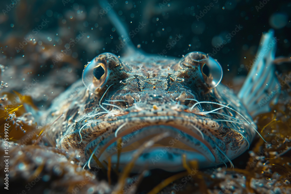 A fish with a long snout is swimming in the ocean. The fish has a brown and white coloration A fish with a long snout is swimming in the ocean. The fish has a brown and white coloration