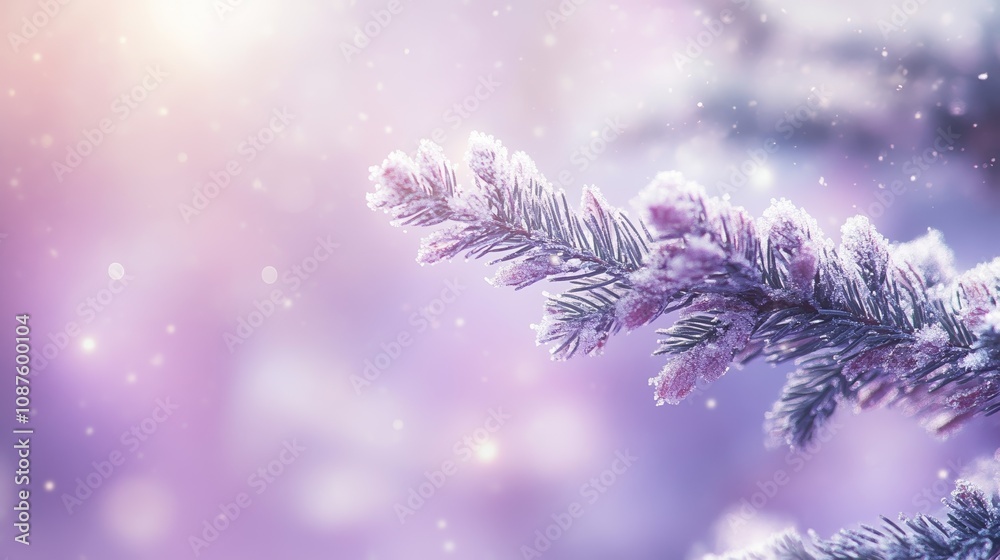 A Tranquil Winter Scene Featuring Snowy Pine Branches Against a Soft Purple Background Creating a Peaceful Atmosphere