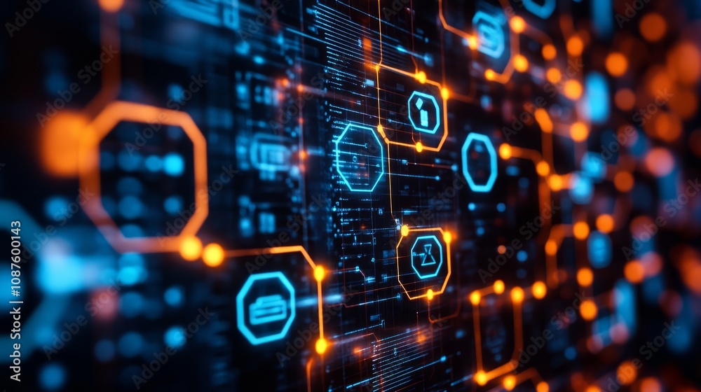 Abstract digital technology background with glowing icons and circuits. Abstract digital technology background with glowing icons and circuits.