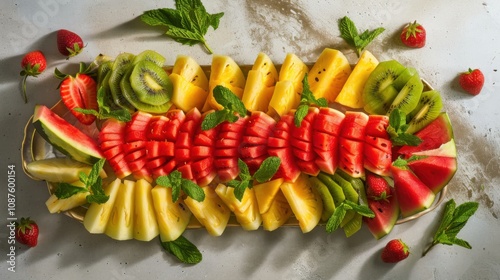 A colorful fruit platter featuring slices of watermelon, pineapple photo