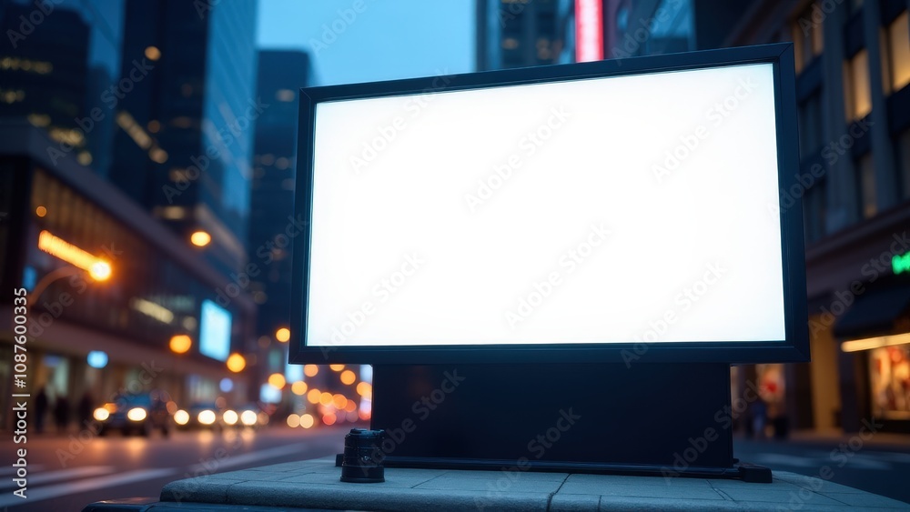 A photorealistic urban ad board mockup illuminated softly in a vibrant evening cityscape. A photorealistic urban ad board mockup illuminated softly in a vibrant evening cityscape.