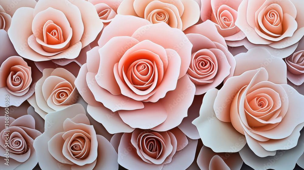 Abstract arrangement of pink and peach colored roses with detailed petal textures, creating an artistic floral pattern. Abstract arrangement of pink and peach colored roses with detailed petal textures, creating an artistic floral pattern.