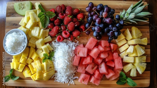 A colorful fruit platter with sliced watermelon, pineapple photo