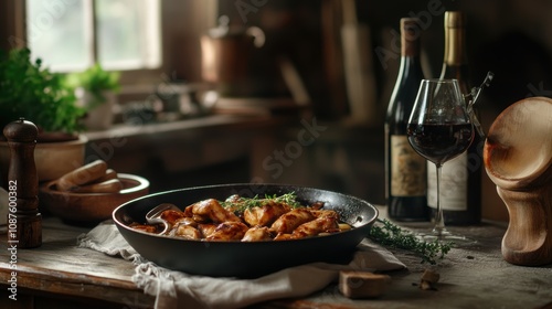 A professional food photography shot of sizzling chicken marsala being cooked in a rustic kitchen with herbs, tomatoes, and a rich, savory sauce, capturing the steam and mouth-watering detail.