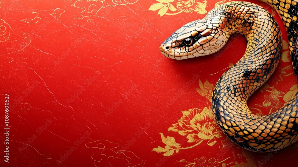 Chinese New Year Celebration With Golden Snake on Red Background and Traditional Ornamental Patterns Representing Year of the Snake