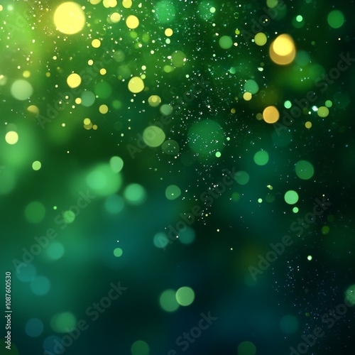 Abstract background with glowing green and gold bokeh lights, creating a festive and magical atmosphere, perfect for celebrations and holidays
