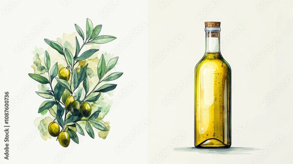This illustration showcases a flat vector design of an olive oil bottle surrounded by olive branches and leaves on a light backdrop This illustration showcases a flat vector design of an olive oil bottle surrounded by olive branches and leaves on a light backdrop