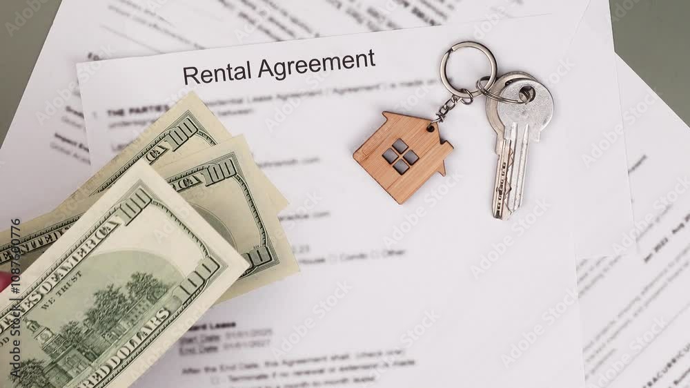 Rental or Residential Lease agreement contract, dollar money cash, and house keys. Short and long term rentals, housing searching crisis, signing lease agreement, and rising prices. Rental or Residential Lease agreement contract, dollar money cash, and house keys. Short and long term rentals, housing searching crisis, signing lease agreement, and rising prices.