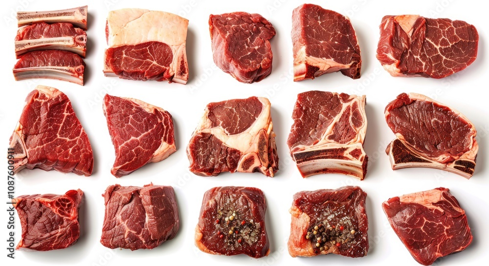 Cuts Of Steak. Barbecue Collage with Assorted Flank, Ribeye, T-Bone and Tomahawk Steaks