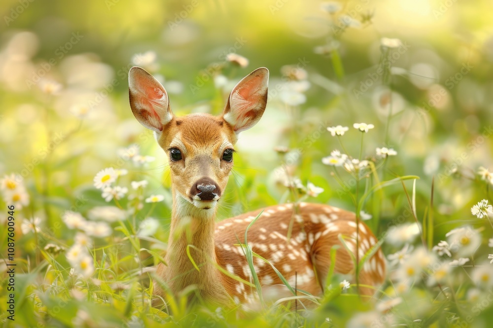 Cute Deer Postcard. Baby Bambi Enjoying Sunny Day in Beautiful Summer Grass Cute Deer Postcard. Baby Bambi Enjoying Sunny Day in Beautiful Summer Grass