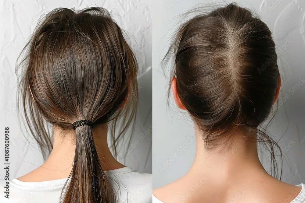 A woman on a grey backdrop with hair loss issues before and after treatment, Generative Ai. A woman on a grey backdrop with hair loss issues before and after treatment, Generative Ai.
