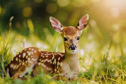 Cute Deer. Baby Bambi in Beautiful Summer Background with Sunny Day Grass