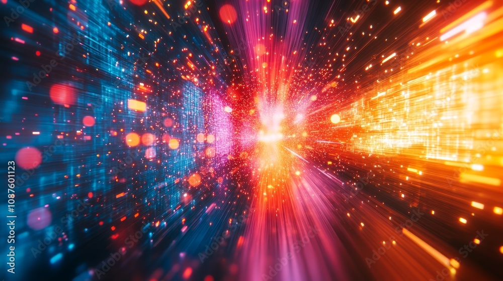 Abstract digital tunnel with vibrant light streaks and particles. Abstract digital tunnel with vibrant light streaks and particles.