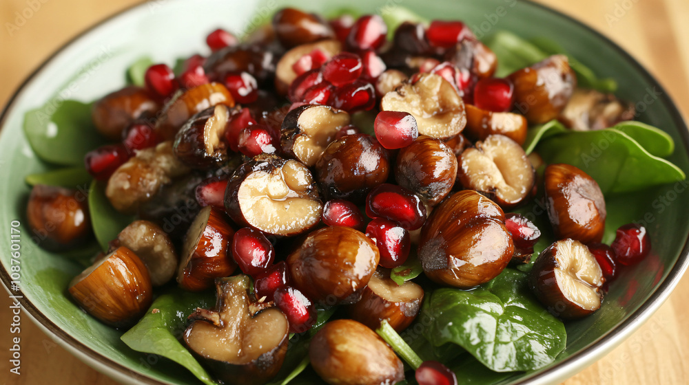 A simple and elegant fall salad with roasted chestnuts, spinach, pomegranate, and a balsamic vinaigrette dressing. A simple and elegant fall salad with roasted chestnuts, spinach, pomegranate, and a balsamic vinaigrette dressing.