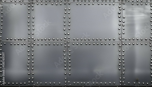 riveted with button head rivets metal plate side of an aircraft painted in gray as an industrial background